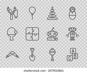 Set line Boomerang, ABC blocks, Pyramid toy, Shovel, Slingshot, Puzzle pieces, Rattle baby and Robot icon. Vector