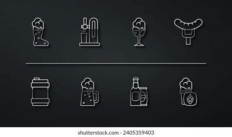 Set line Boot beer glass, Metal keg, Sausage on the fork, Beer bottle and can, Wooden mug, tap with, Glass of and  icon. Vector