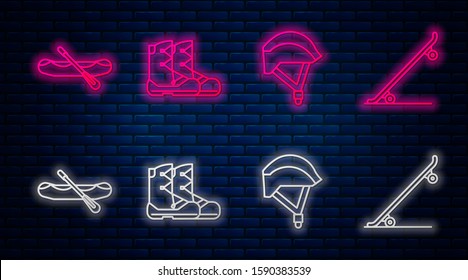 Set line Boots, Bicycle helmet, Rafting boat and Skateboard. Glowing neon icon on brick wall. Vector