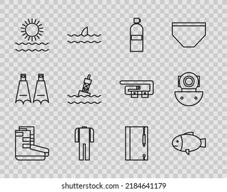 Set line Boots, Fish, Aqualung, Wetsuit for scuba diving, Sun and waves, Floating buoy on the sea, Underwater note book pencil and  icon. Vector
