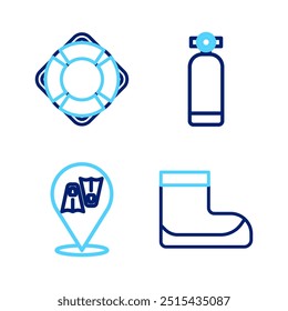 Set line Boots, Flippers for swimming, Aqualung and Lifebuoy icon. Vector