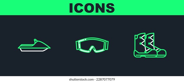 Set line Boots, Jet ski and Ski goggles icon. Vector