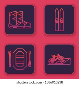 Set line Boots, Rafting boat, Ski and sticks and Bicycle on street ramp. Blue square button. Vector