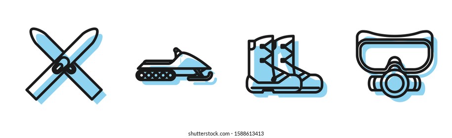 Set line Boots, Ski and sticks, Snowmobile and Diving mask icon. Vector