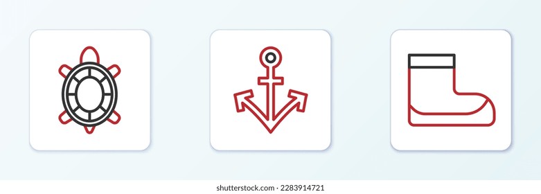 Set line Boots, Turtle and Anchor icon. Vector