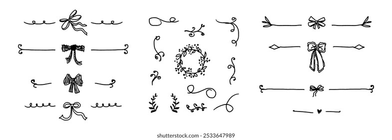 set of line border with bow, gift ribbons. Elegant holiday packaging, festive present. Hand drawn doodle stroke. ornate scribble, curls, braid. Vector stripes design elements for banner, poster, frame