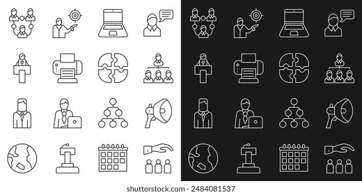 Set line Boss with employee, Megaphone, Hierarchy organogram chart, Laptop, Printer, Stage stand tribune, Project team base and Piece of puzzle icon. Vector