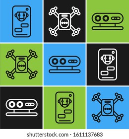 Set line Bot, 3d scanning system and Drone flying with action camera icon. Vector