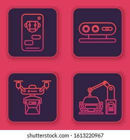 Set line Bot, Drone delivery concept, 3d scanning system and Industrial machine robotic robot arm hand. Blue square button. Vector