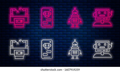 Set line Bot, Robot, Assembly line and Robot. Glowing neon icon on brick wall. Vector