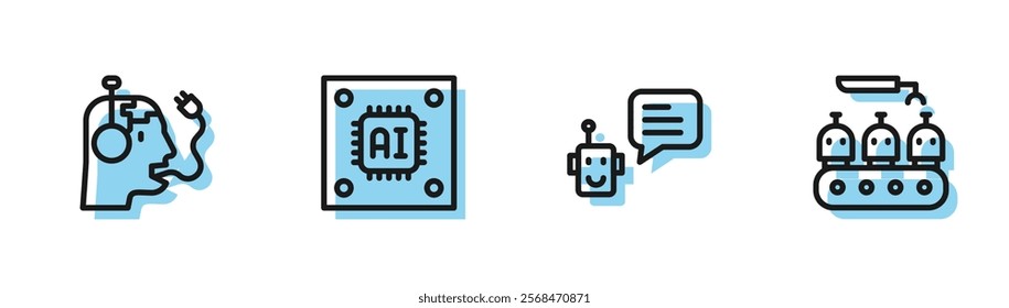 Set line Bot, Robot charging battery, Processor with microcircuits CPU and Industrial production of robots icon. Vector