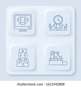 Set line Bot, Robot and digital time manager, Robot doctor and Factory conveyor system belt. White square button. Vector