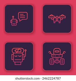 Set line Bot, Robot low battery charge, Drone and Mars rover. Blue square button. Vector