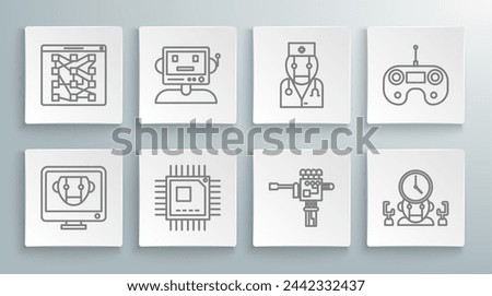 Set line Bot, Robot, Processor with microcircuits CPU, Mechanical robot hand and screwdriver, digital time manager, doctor, Remote control and Global technology social network icon. Vector