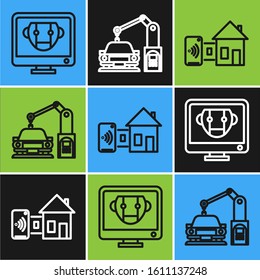 Set line Bot, Smart home and Industrial machine robotic robot arm hand icon. Vector