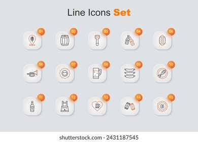 Set line Bottle cap, Beer can, Heart with glass of beer, Lederhosen, bottle, Dried fish, Sausage and Glass icon. Vector