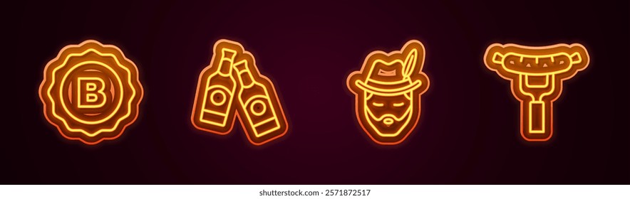 Set line Bottle cap, Beer bottle, Oktoberfest man and Sausage on the fork. Glowing neon icon. Vector