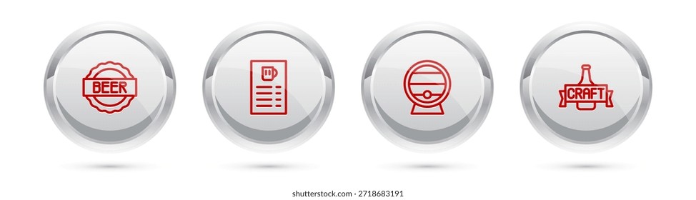 Set line Bottle cap with beer, Beer menu, Wooden barrel on rack and bottle. Silver circle button. Vector