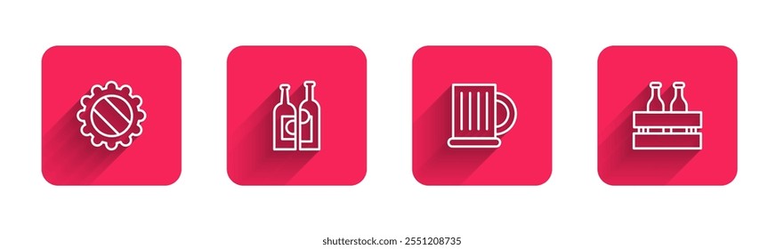 Set line Bottle cap, Bottles of wine, Wooden beer mug and Pack bottles with long shadow. Red square button. Vector