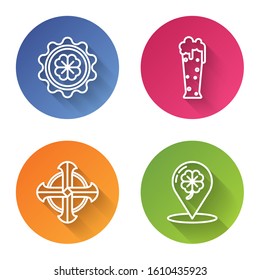 Set line Bottle cap with four leaf clover, Glass of beer, Celtic cross and Location and four leaf clover. Color circle button. Vector