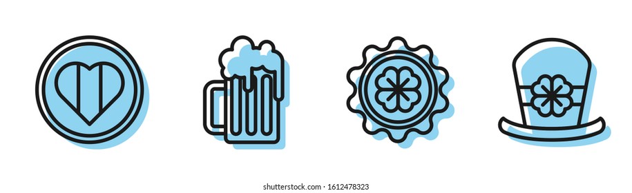 Set line Bottle cap with four leaf clover, Heart and Happy Saint Patrick day, Wooden beer mug and Leprechaun hat and four leaf clover icon. Vector