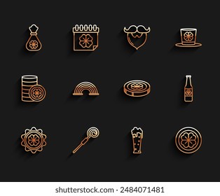 Set line Bottle cap with four leaf clover, Walking stick, Money bag, Glass of beer, Gold coin, Rainbow, Beer bottle and  icon. Vector