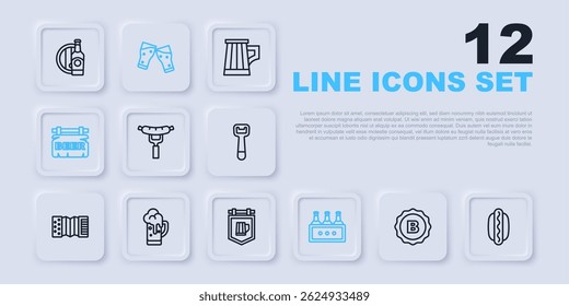 Set line Bottle cap, Hotdog sandwich, Sausage on the fork, Pack of beer bottles, Street signboard with Beer, Glass,  and  icon. Vector