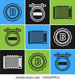 Set line Bottle cap with inscription beer, Musical instrument accordion and Street signboard with inscription Beer icon. Vector
