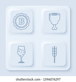 Set line Bottle cap with inscription beer, Chicken leg, Glass of beer and Cereals set with rice, wheat, corn, oats, rye, barley. White square button. Vector
