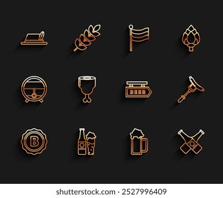 Set line Bottle cap with inscription beer, Beer bottle and glass, Oktoberfest hat, Glass of, Crossed, Chicken leg, Sausage the fork and Street signboard icon. Vector