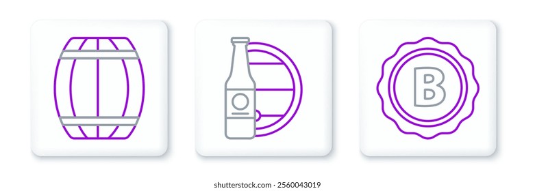 Set line Bottle cap with inscription beer, Wooden barrel and Beer bottle and wooden icon. Vector