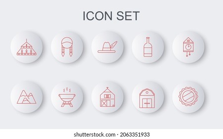 Set line Bottle cap, Mountains, Oktoberfest hat, Farm House, Massive steel chandelier, Braid, Barbecue grill and  icon. Vector