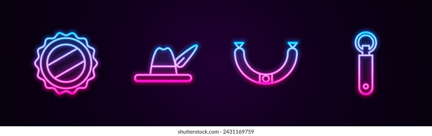 Set line Bottle cap, Oktoberfest hat, Sausage and opener. Glowing neon icon. Vector