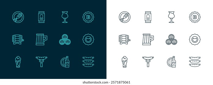 Set line Bottle cap, Sausage on the fork, Wooden barrel, Beer bottle and wooden, beer mug, Glass of, Dried fish and can icon. Vector