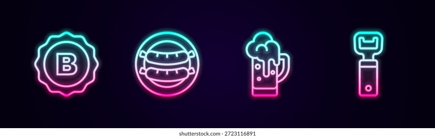 Set line Tapa de botella, Salchicha, Vaso de cerveza y abridor. Icono de neón brillante. Vector