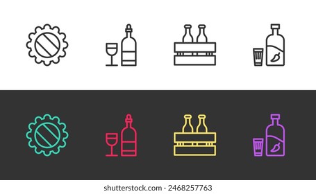 Set line Bottle cap, Wine bottle with glass, Pack of beer bottles and Vodka pepper and on black and white. Vector