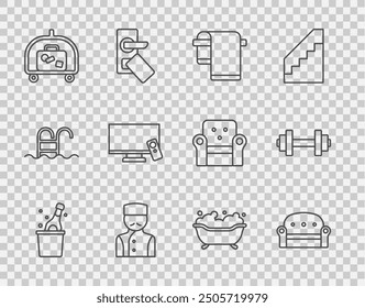 Set line Bottle of champagne, Sofa, Towel on hanger, Concierge, Hotel luggage cart, Smart Tv, Bathtub and Dumbbell icon. Vector