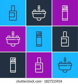 Fijar la línea Botella para el agente de limpieza, espuma de gel y lavabo con el icono del grifo de agua. Vector