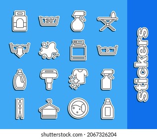 Fijar la línea Botella para el agente de limpieza, Botella para pulverización de agua, Lavado de temperatura, Derrame, Modos de lavado, Detergente de lavado e icono de lavadora. Vector