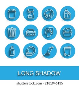Set line Bottle for cleaning agent, Washing dishes, Bucket with foam, Vacuum cleaner, Trash can, Brush, Basin shirt and Cleaning service icon. Vector