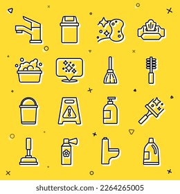 Set line Bottle for cleaning agent, Rubber cleaner windows, Toilet brush, Sponge, Home service, Basin with soap suds, Water tap and Handle broom icon. Vector