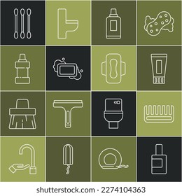 Set line Bottle for cleaning agent, Hairbrush, Tube of toothpaste, Bar soap, Cotton swab ears and Sanitary napkin icon. Vector