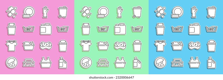 Set line Bottle for cleaning agent, Trash can, Temperature wash, Rubber gloves, Soap water bubbles and  icon. Vector