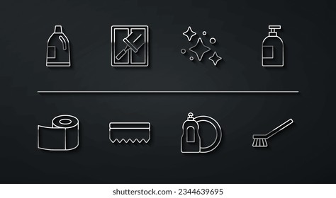 Set line Bottle for cleaning agent, Toilet paper roll, Dishwashing liquid bottle, Sponge, Rubber cleaner windows, Brush and Home service icon. Vector