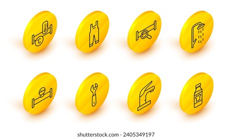 Set line Bottle for cleaning agent, Water tap, Wrench spanner, Industry pipe and manometer, Shower, metallic, Work overalls and  icon. Vector