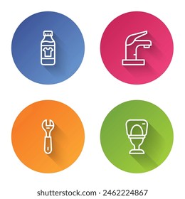 Set line Bottle for cleaning agent, Water tap, Wrench spanner and Toilet bowl. Color circle button. Vector