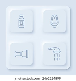 Botella de la línea del sistema para el agente de limpieza, el inodoro, el adaptador de la tubería y la ducha. Botón cuadrado blanco. Vector