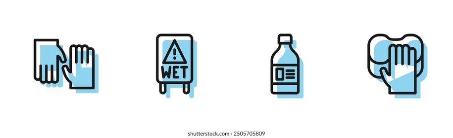 Fije la botella de la línea para el agente de limpieza, los guantes de goma, el piso mojado y el icono del servicio de limpieza. Vector