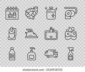 Definir a linha Garrafa para agente de limpeza, Garrafa de spray de limpeza, panela de cozinha, de sabão líquido, calendário, Ferro elétrico, caminhão de lixo e ícone Esponja. Vetor