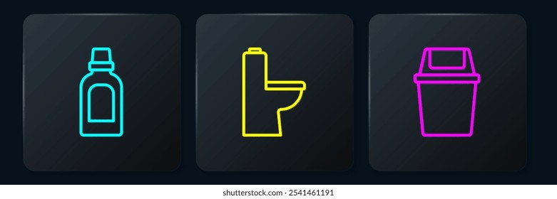 Set line Bottle for cleaning agent, Trash can and Toilet bowl. Black square button. Vector